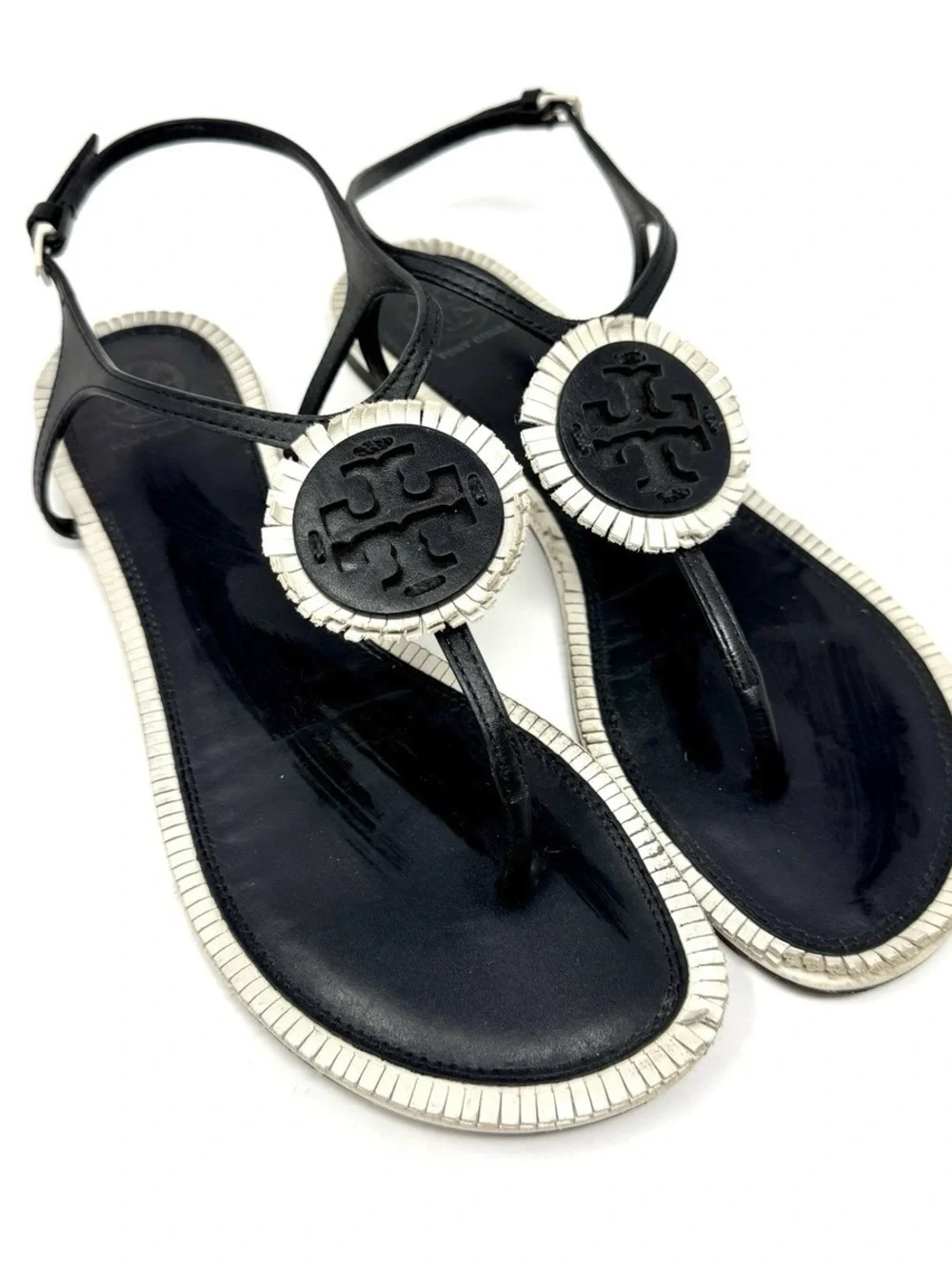 Tory Burch Size 8M Black and White Logo T-Strap Sandals. Box& Dust bag included